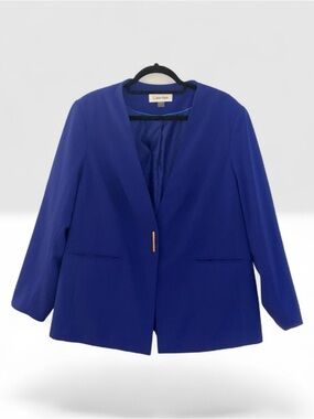 Calvin Klein Blue Blazer 16W Plus Size Collarless Stretch Career Jacket Chic